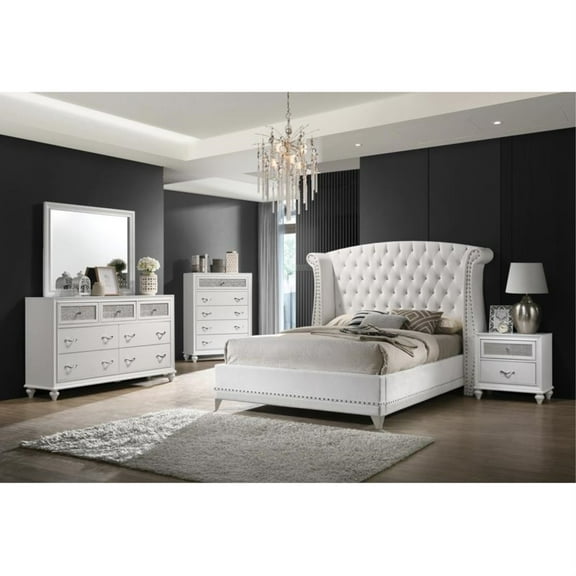 Coaster Company Barzini 4-Piece Upholstered Wood Queen Bedroom Set, White