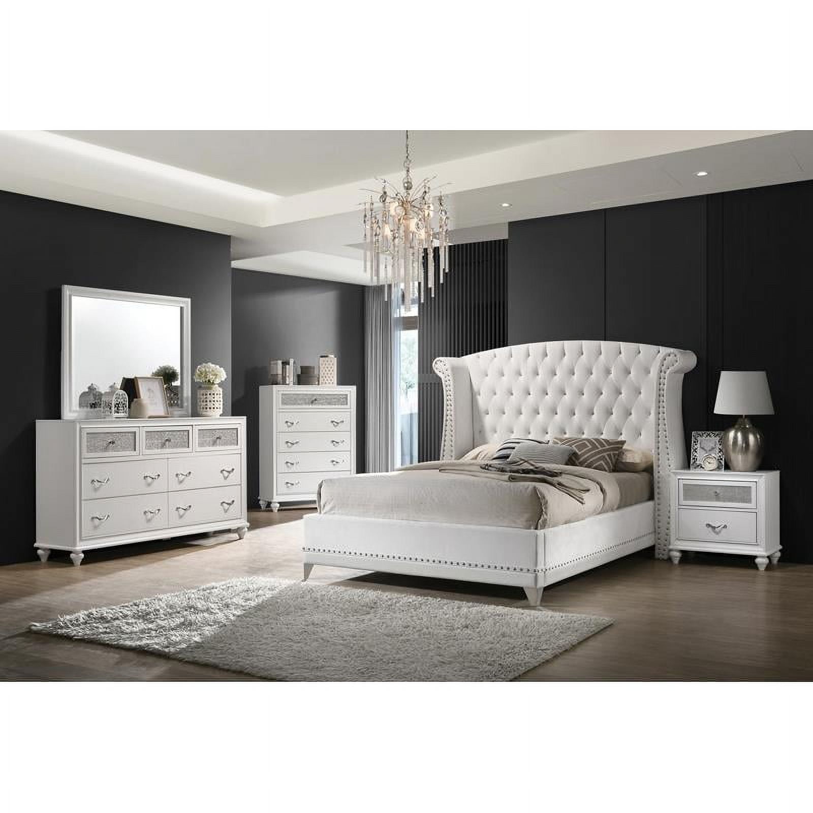 White Velvet Upholstered Queen Bedroom Set with Chrome Accents