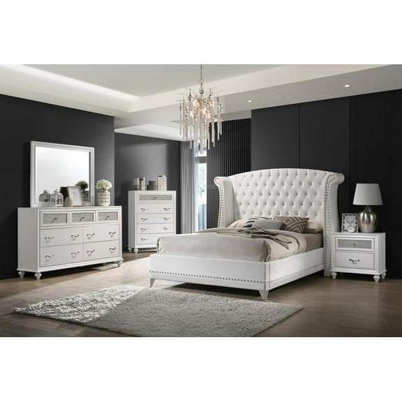 Coaster Company Barzini 5-Piece Glam Upholstered Queen Bedroom Set, White