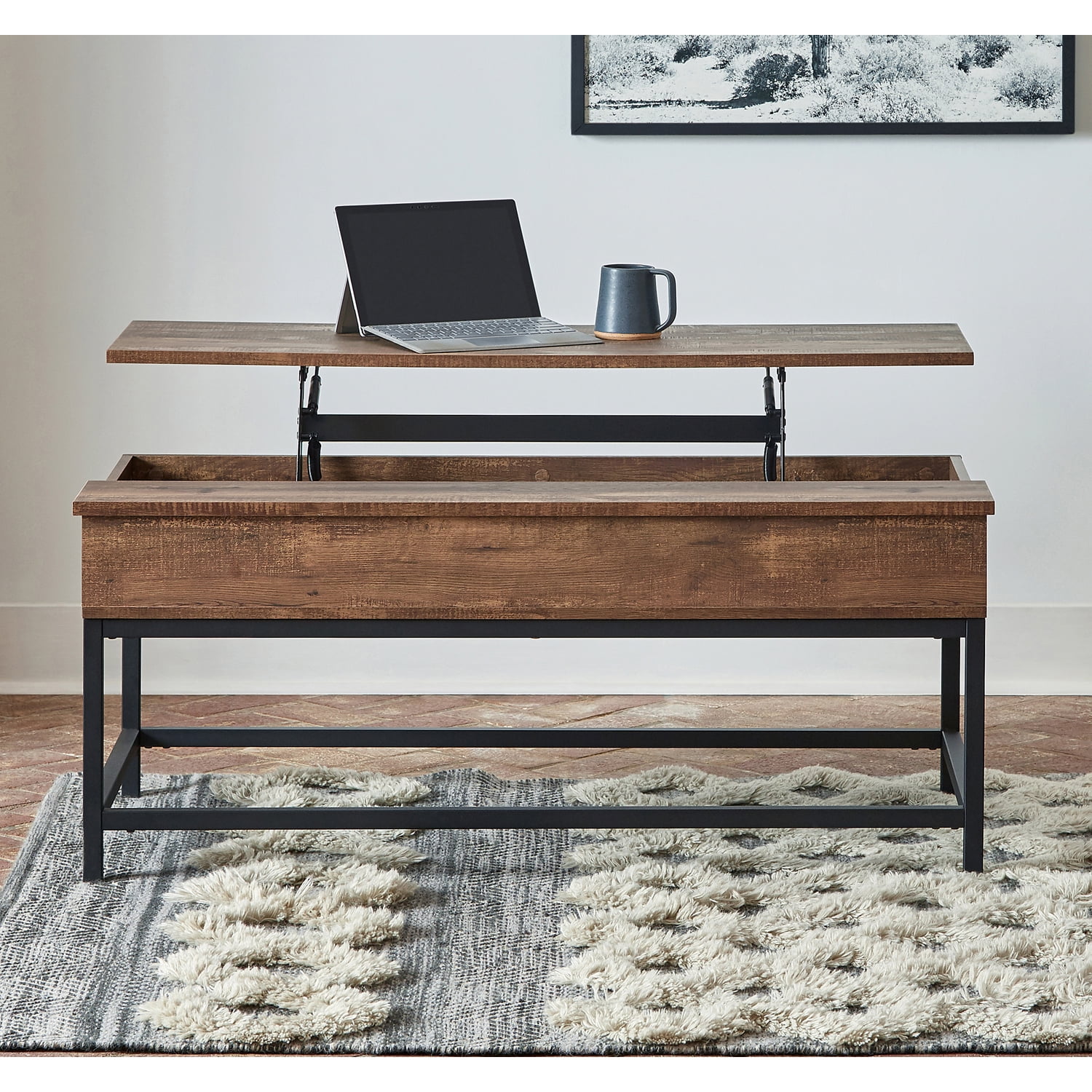 Transitional Brown Oak & Black Metal Lift-Top Coffee Table with Storage