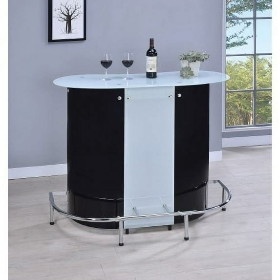 Coaster Company Kidney-Shaped Bar Unit with Frosted Glass Top and Chrome Footrest, Black / White