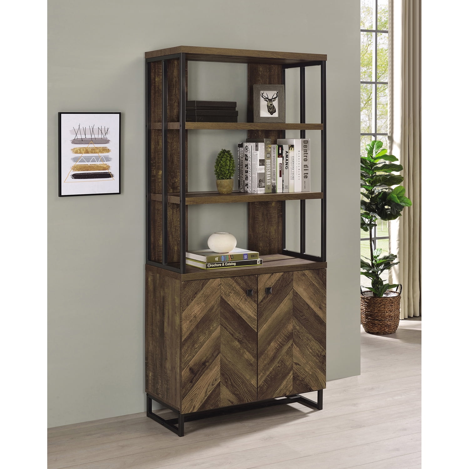 70.75" Rustic Oak Herringbone 2-Door Bookcase with Shelves