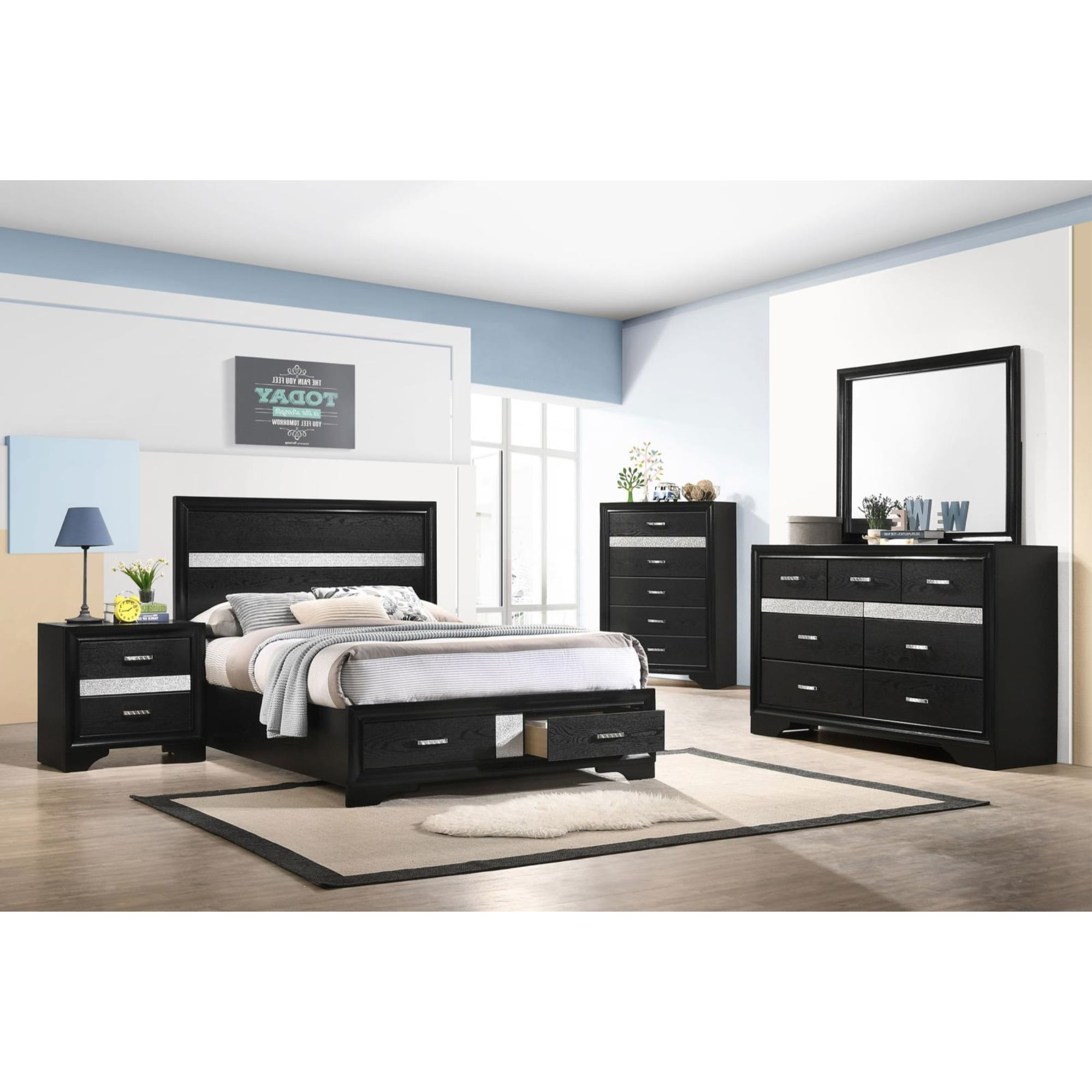 Miranda Black Full Storage Bedroom Set with Silvery Accents