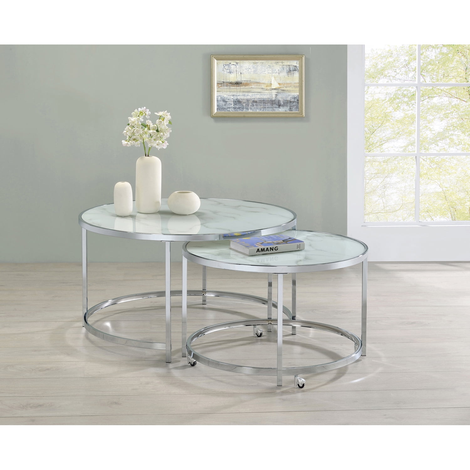 Round Silver Metal Nesting Coffee Table Set with Marble Glass Top