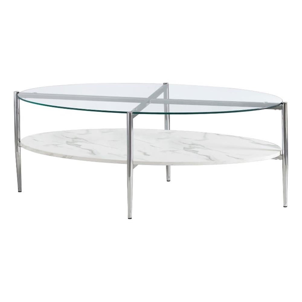 Cadee Oval Glass Top Coffee Table with Faux Marble Shelf