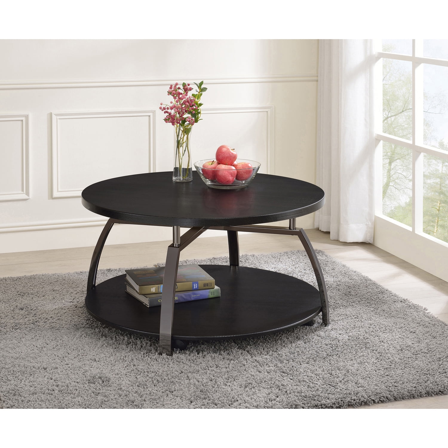 Dacre Round Black Wood and Metal Coffee Table with Shelf