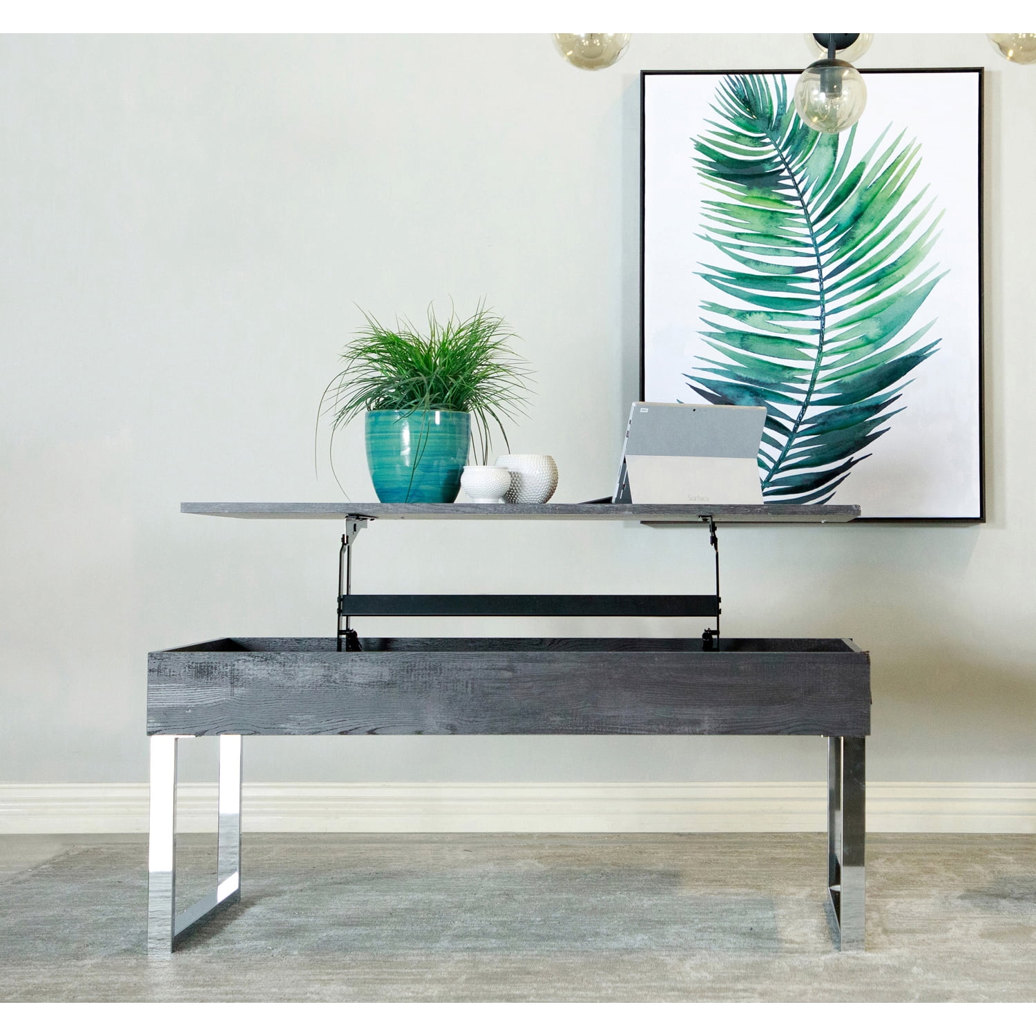 Gray Rectangular Wood and Metal Lift-Top Coffee Table