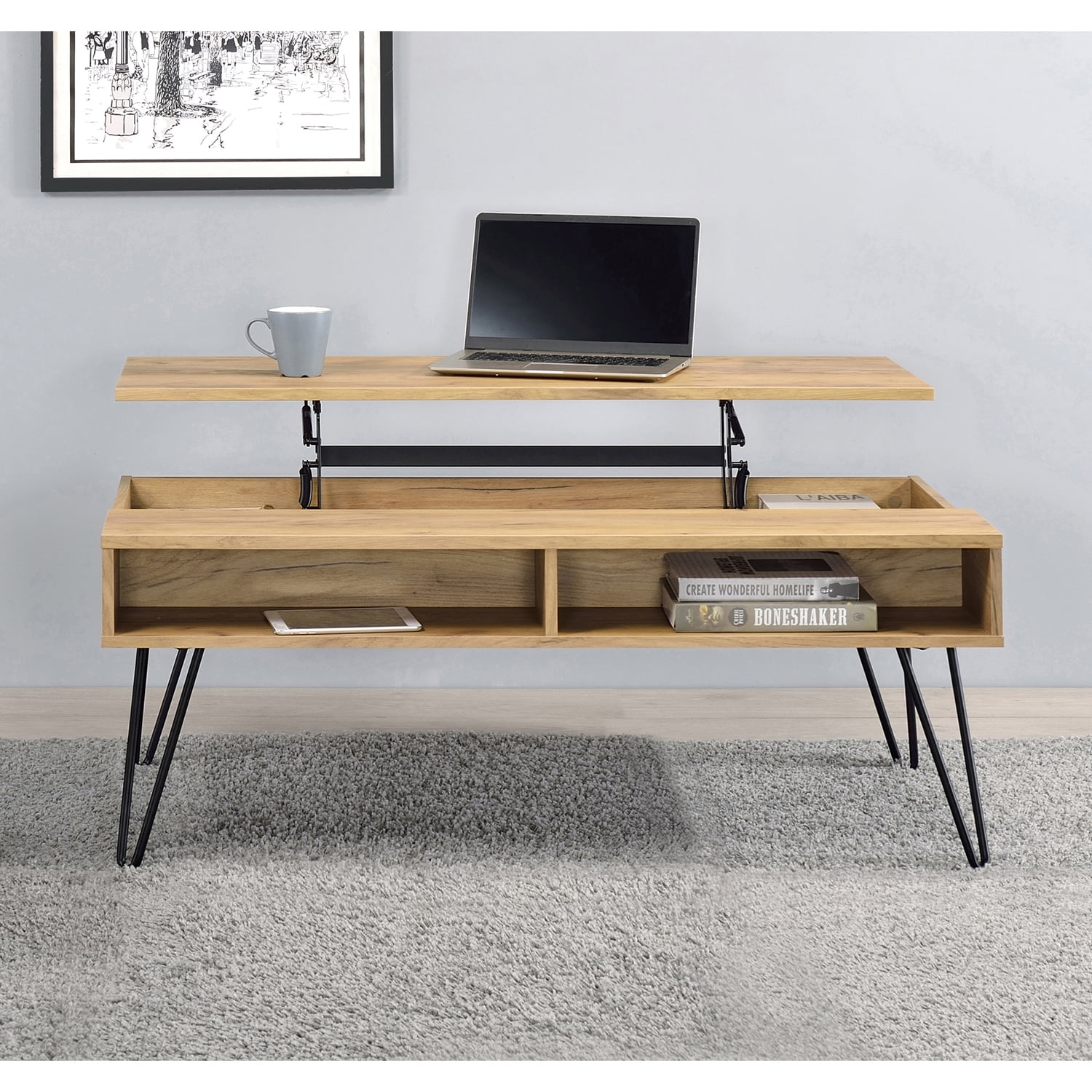 Golden Oak Lift-Top Coffee Table with Black Hairpin Legs