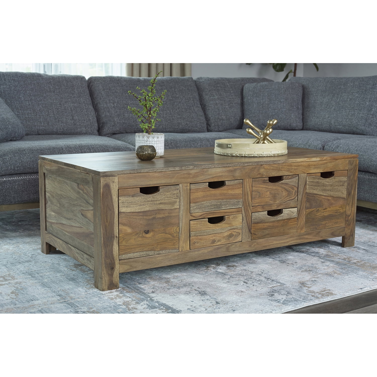 Natural Sheesham Rectangular Coffee Table with Storage Drawers