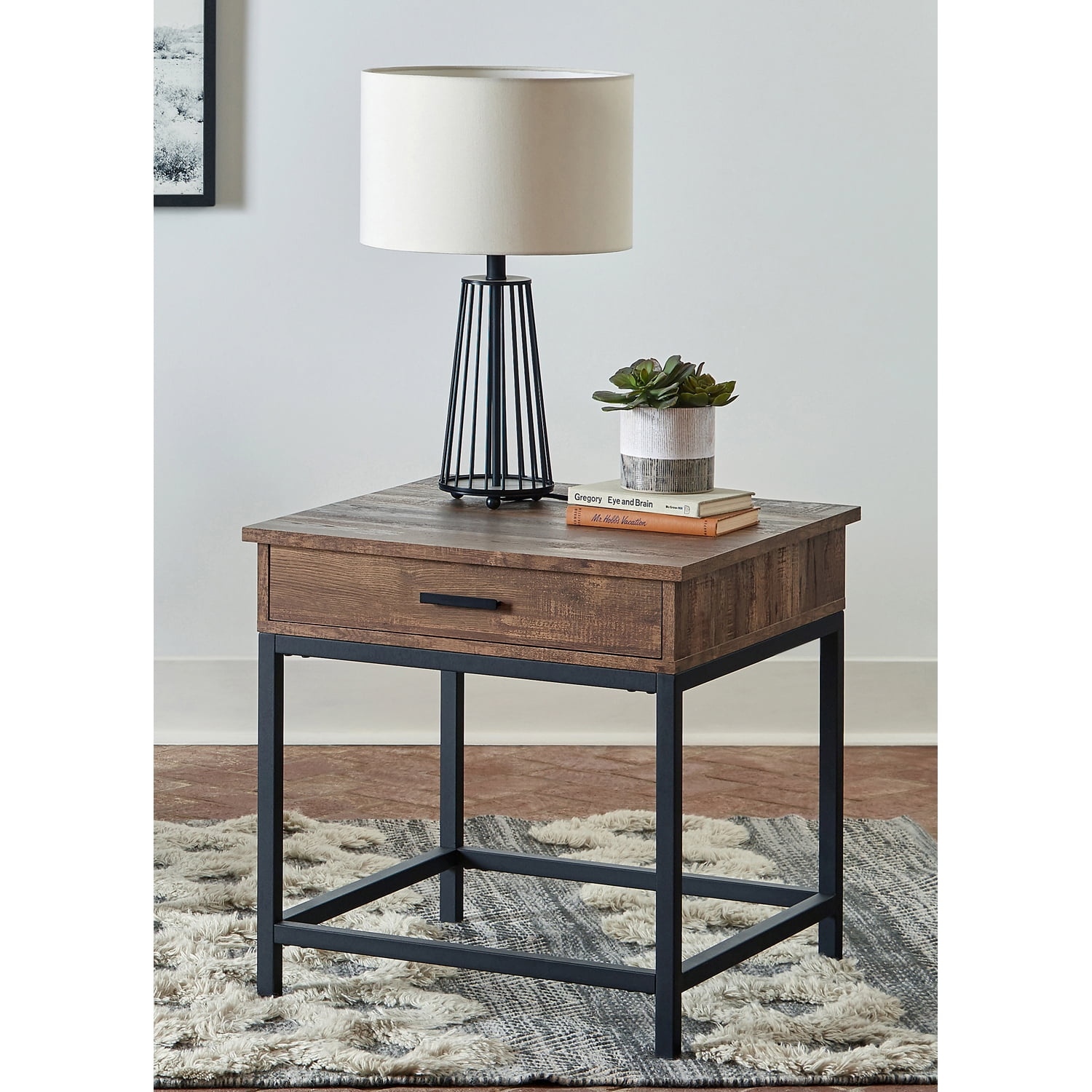 Byers Brown Oak and Black Square End Table with Drawer
