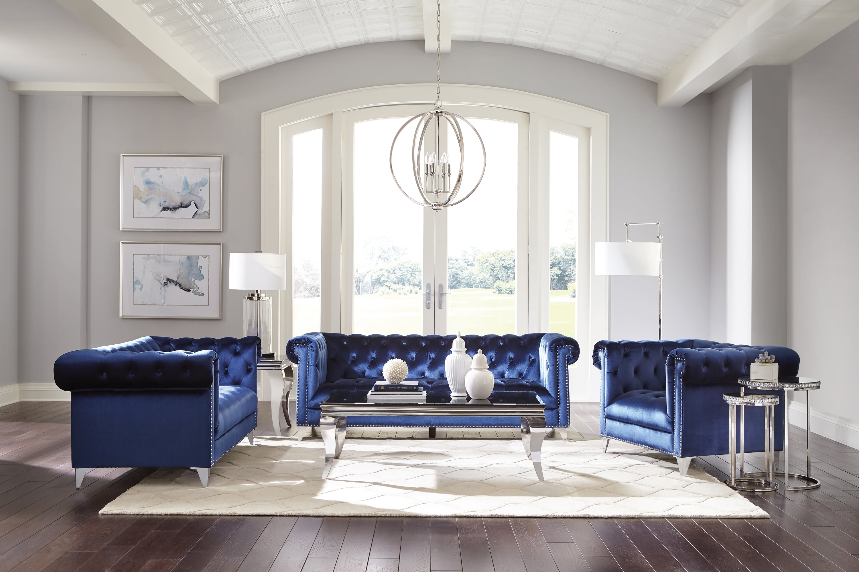 Blue Velvet Tufted Tuxedo Sofa with Nailhead Trim