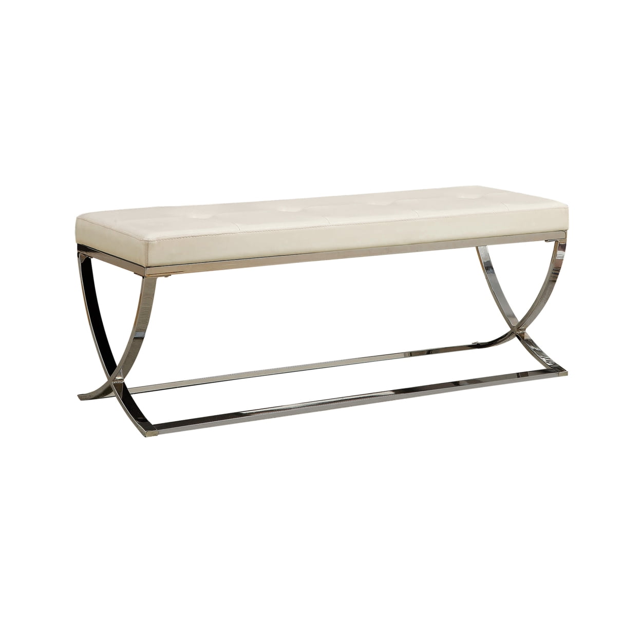 Beige Faux Leather Tufted Bedroom Bench with Chrome Frame
