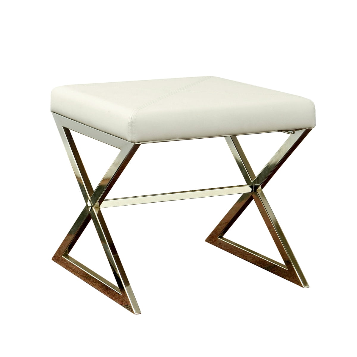 White Faux Leather X-Cross Square Ottoman with Chrome Base