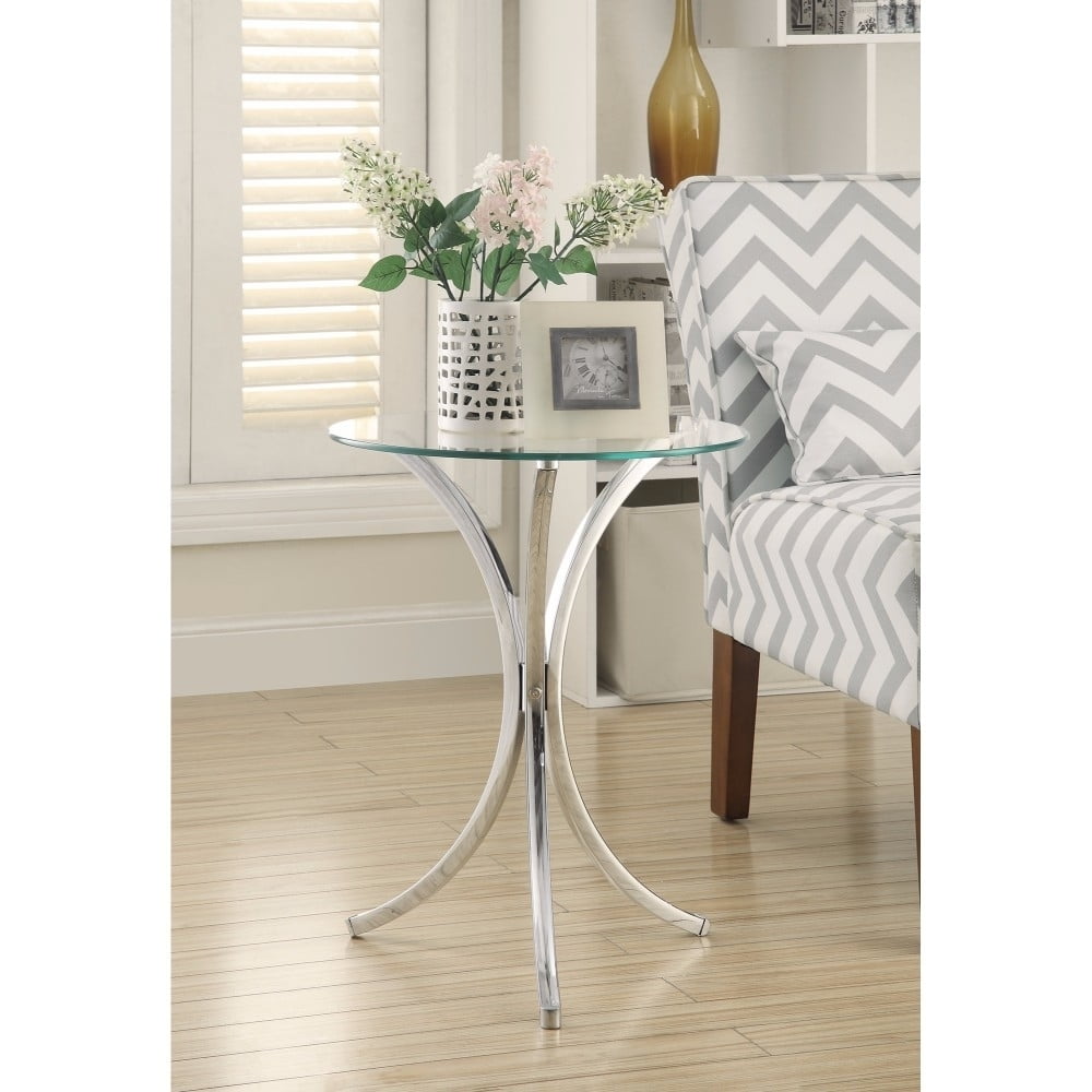 Eloise 18" Chrome Round Metal Accent Table with Curved Legs and Glass Top