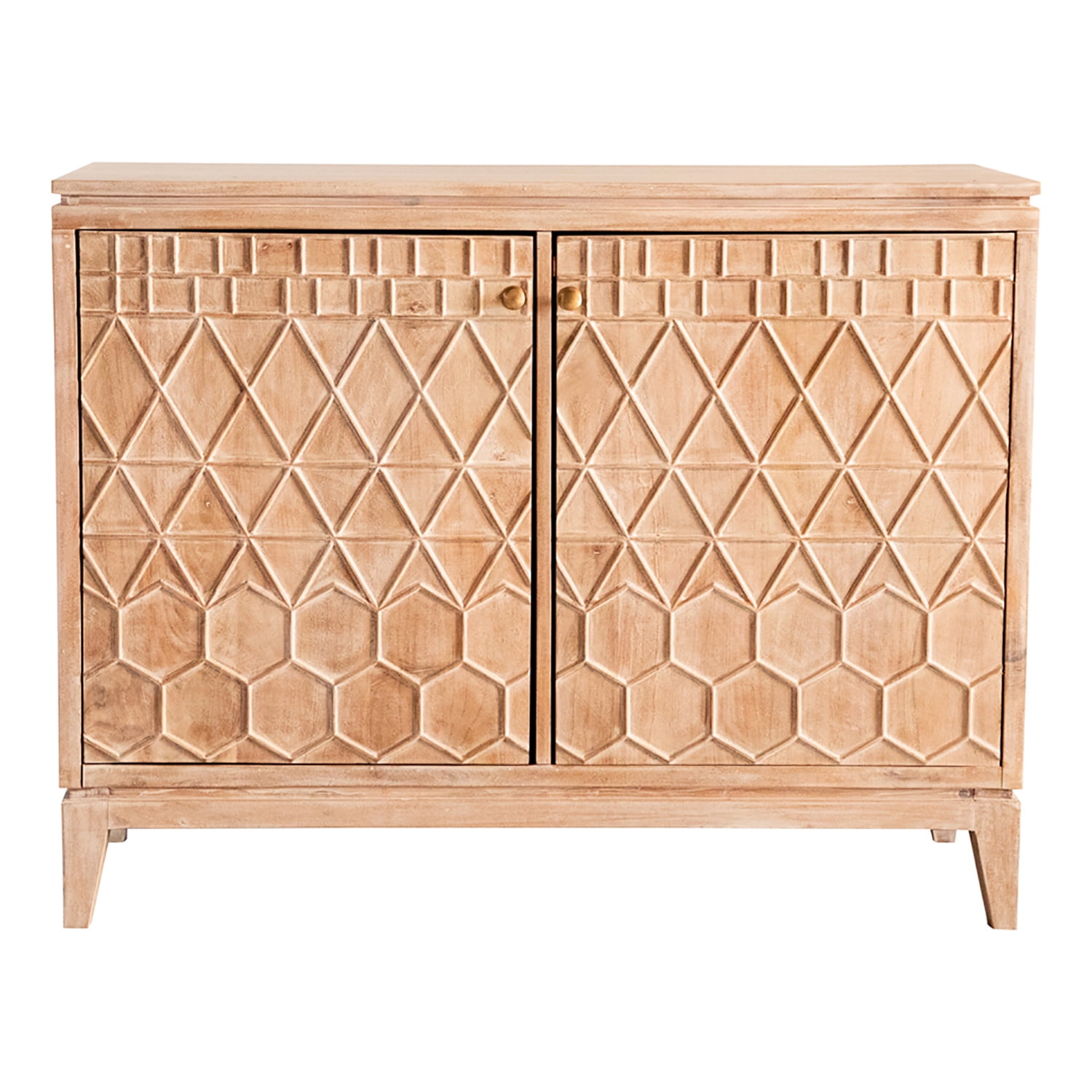 Acacia Wood Geometric Pattern 2-Door Accent Cabinet in Light Brown