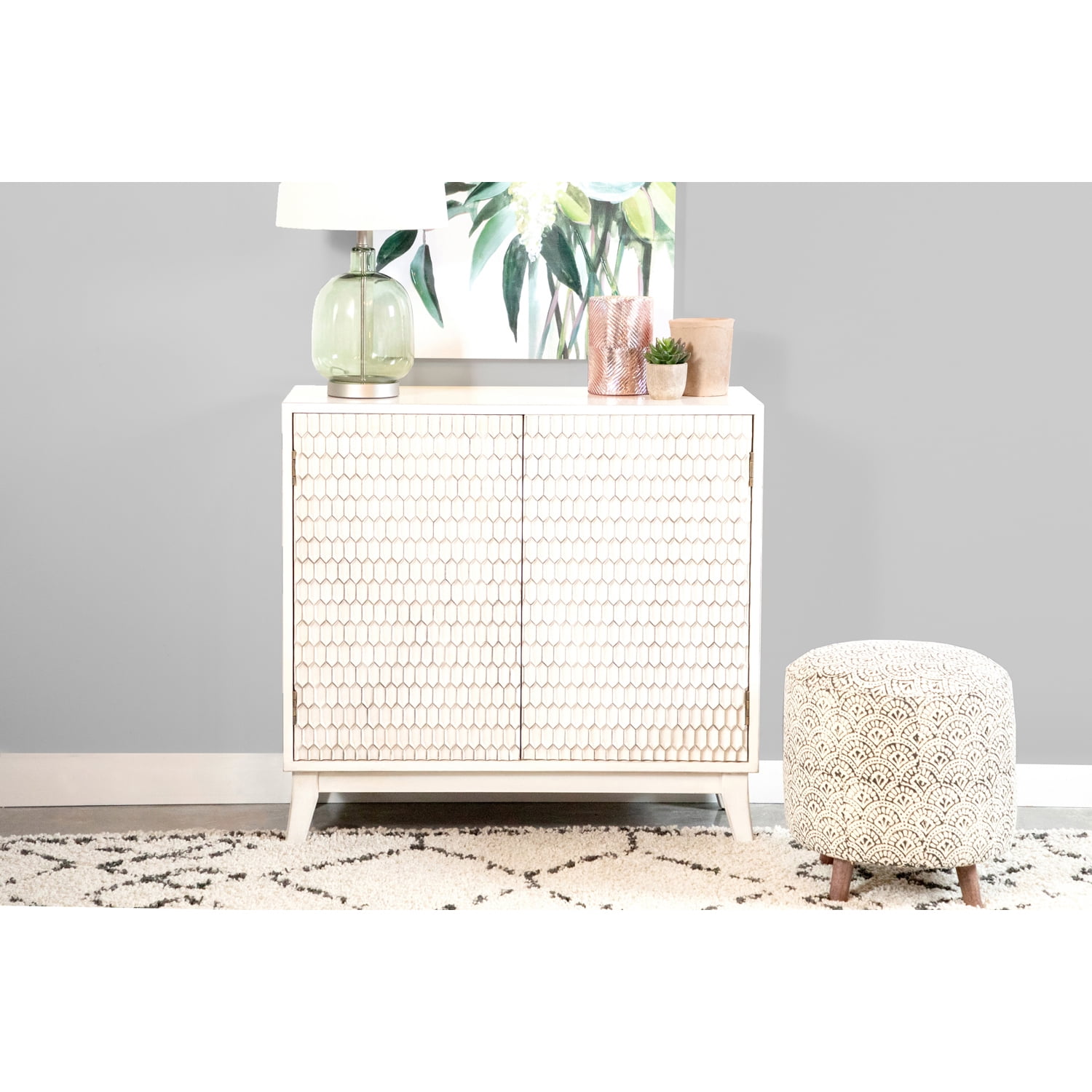 Transitional White 2-Door Accent Cabinet with Geometric Pattern
