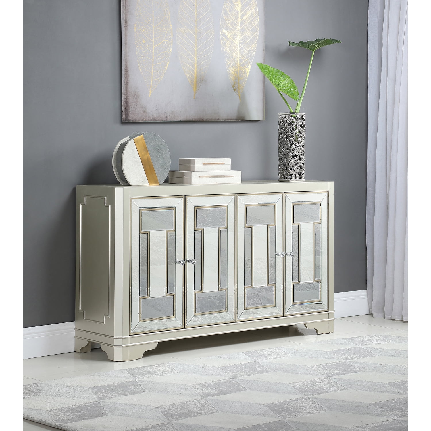Gray and Gold 60" Freestanding Accent Cabinet with Adjustable Shelving