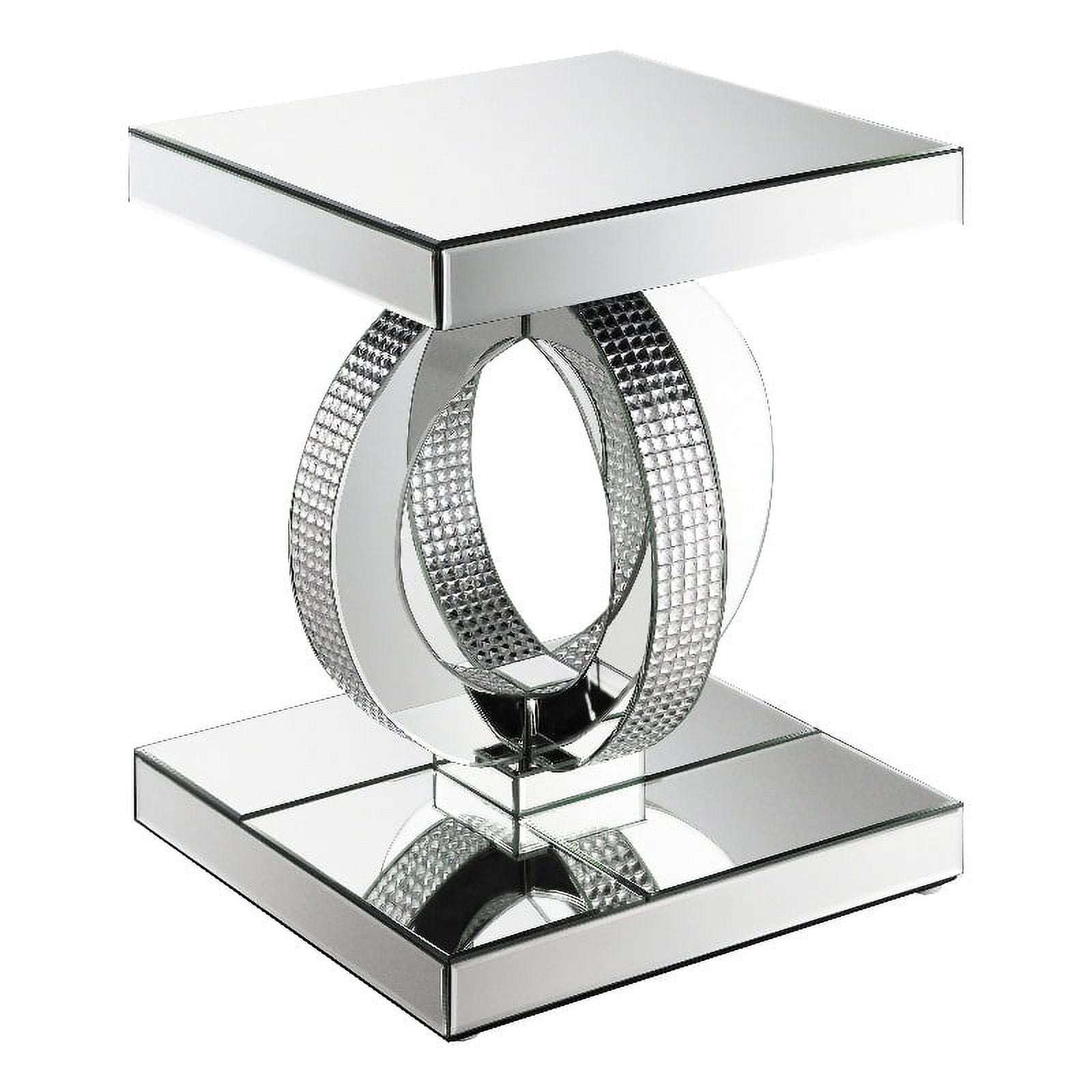 Silver Mirrored Glass Square End Table with Rings Base