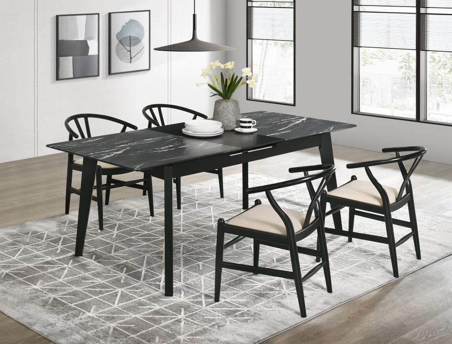 Black Faux Marble 5-Piece Dining Set with Beige Cushions