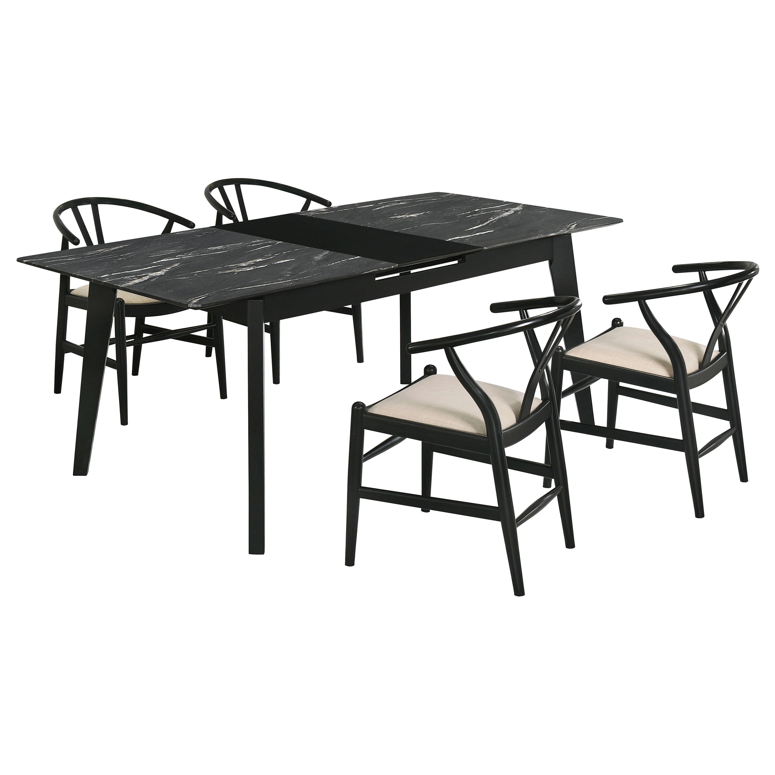 Black Faux Marble 5-Piece Dining Set with Beige Cushions