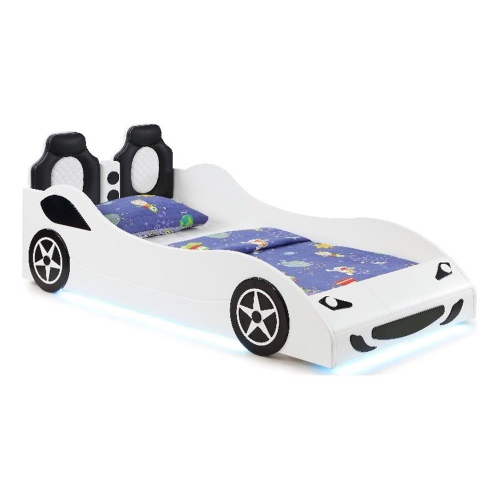 Coaster Cruiser Wood Twin LED Race Car Bed with 7-inch Mattress in White