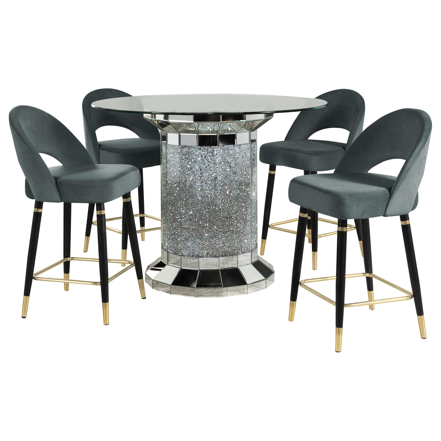 Glam Silver Round Glass Counter Height Table with Faux Diamond Inlay
