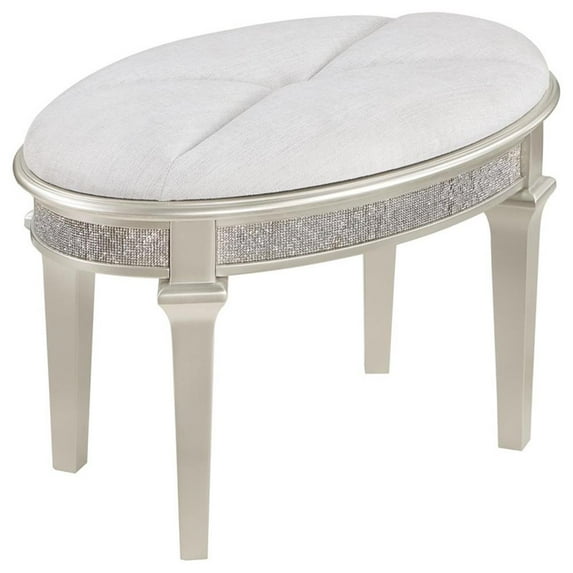 Coaster Evangeline Wood Oval Vanity Stool Faux Diamond Trim Silver and Ivory