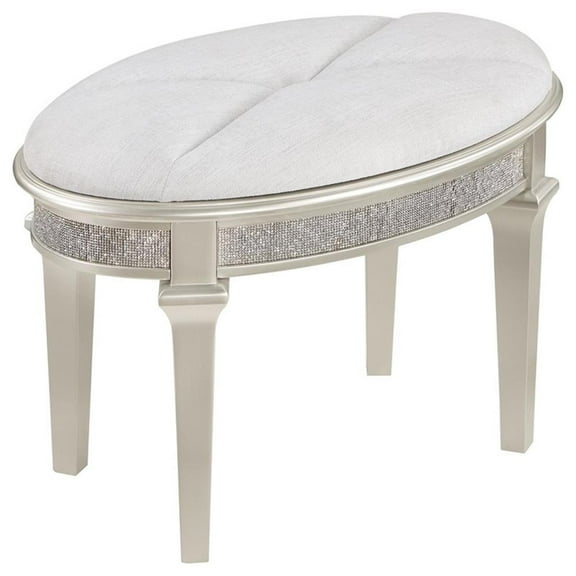 Coaster Evangeline Wood Oval Vanity Stool Faux Diamond Trim Silver and Ivory