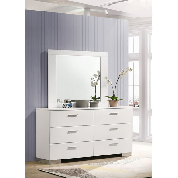Felicity 6-drawer Wood Dresser with Mirror White High Gloss