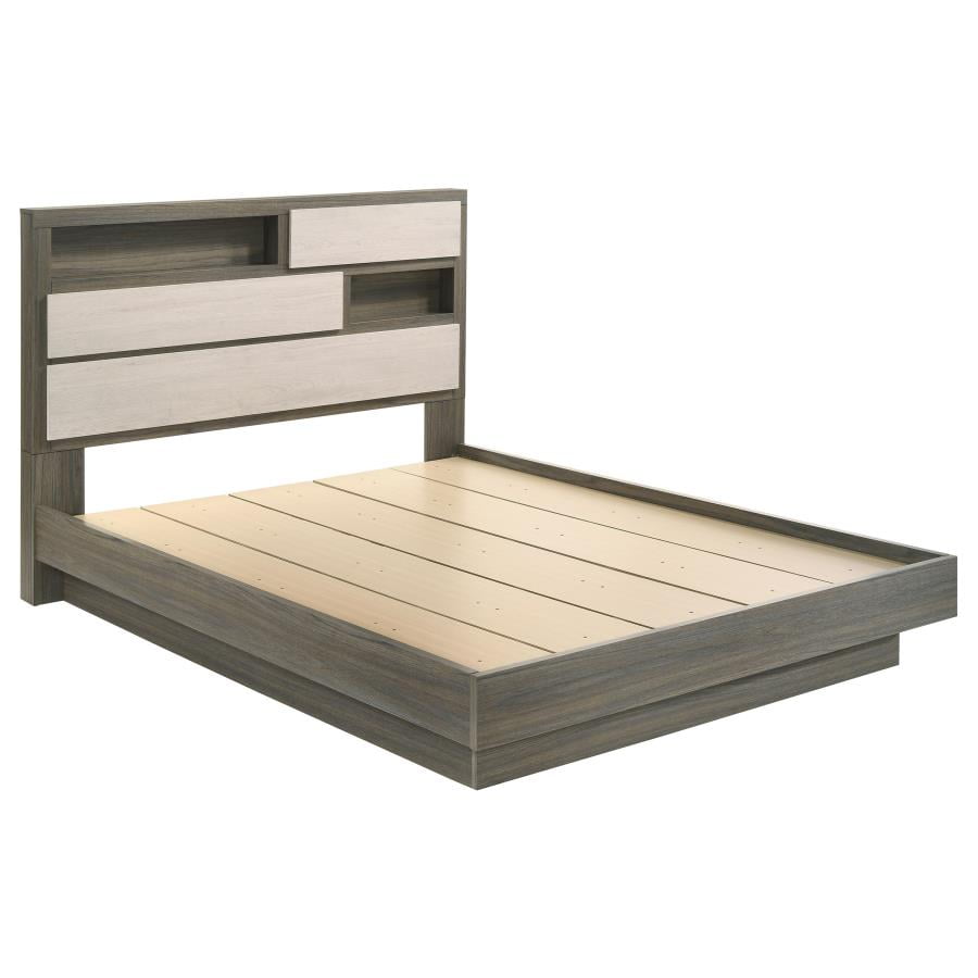 Beige and Gray Queen Wood Bookcase Bed with Drawer
