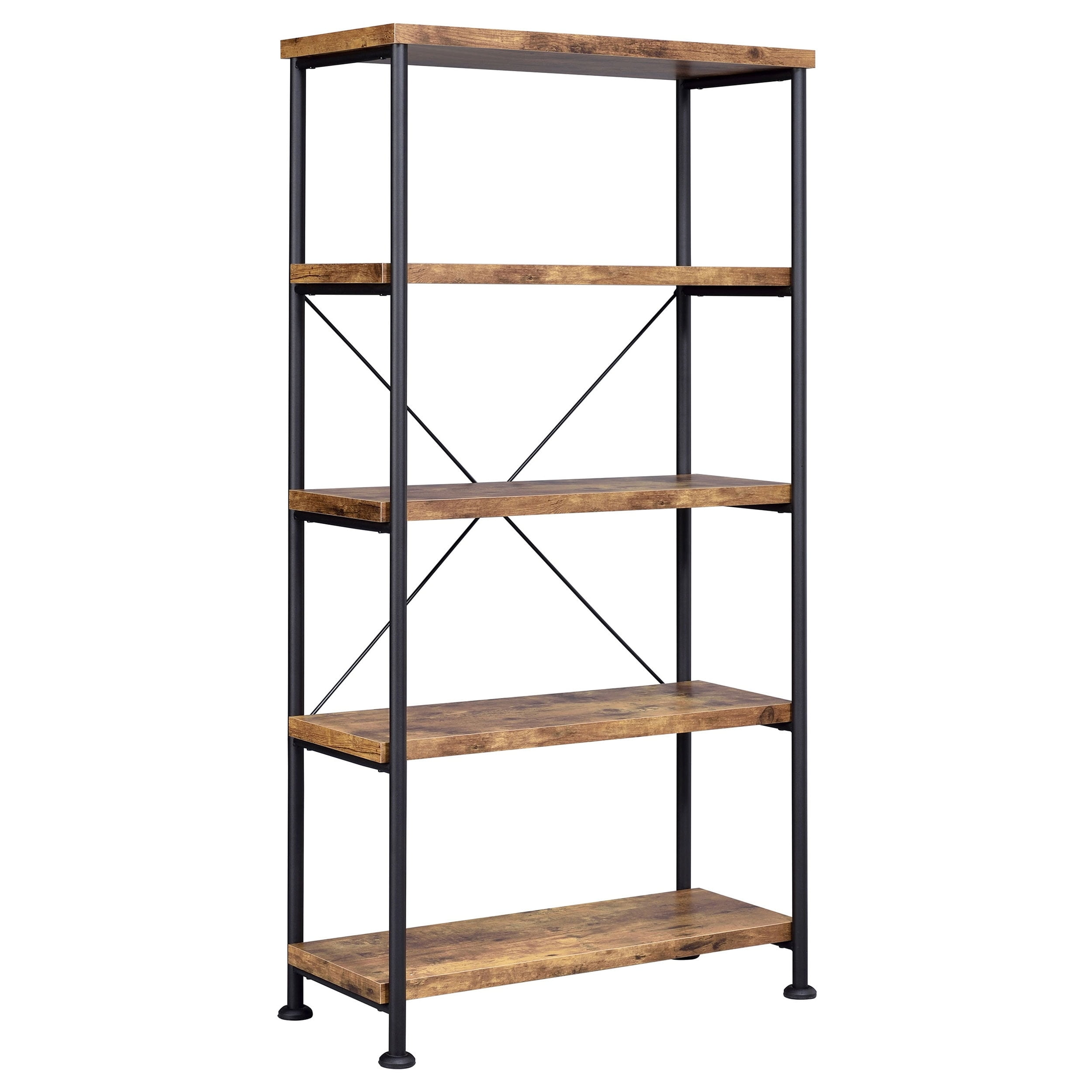 Transitional Antique Nutmeg and Black Steel Tall Bookcase