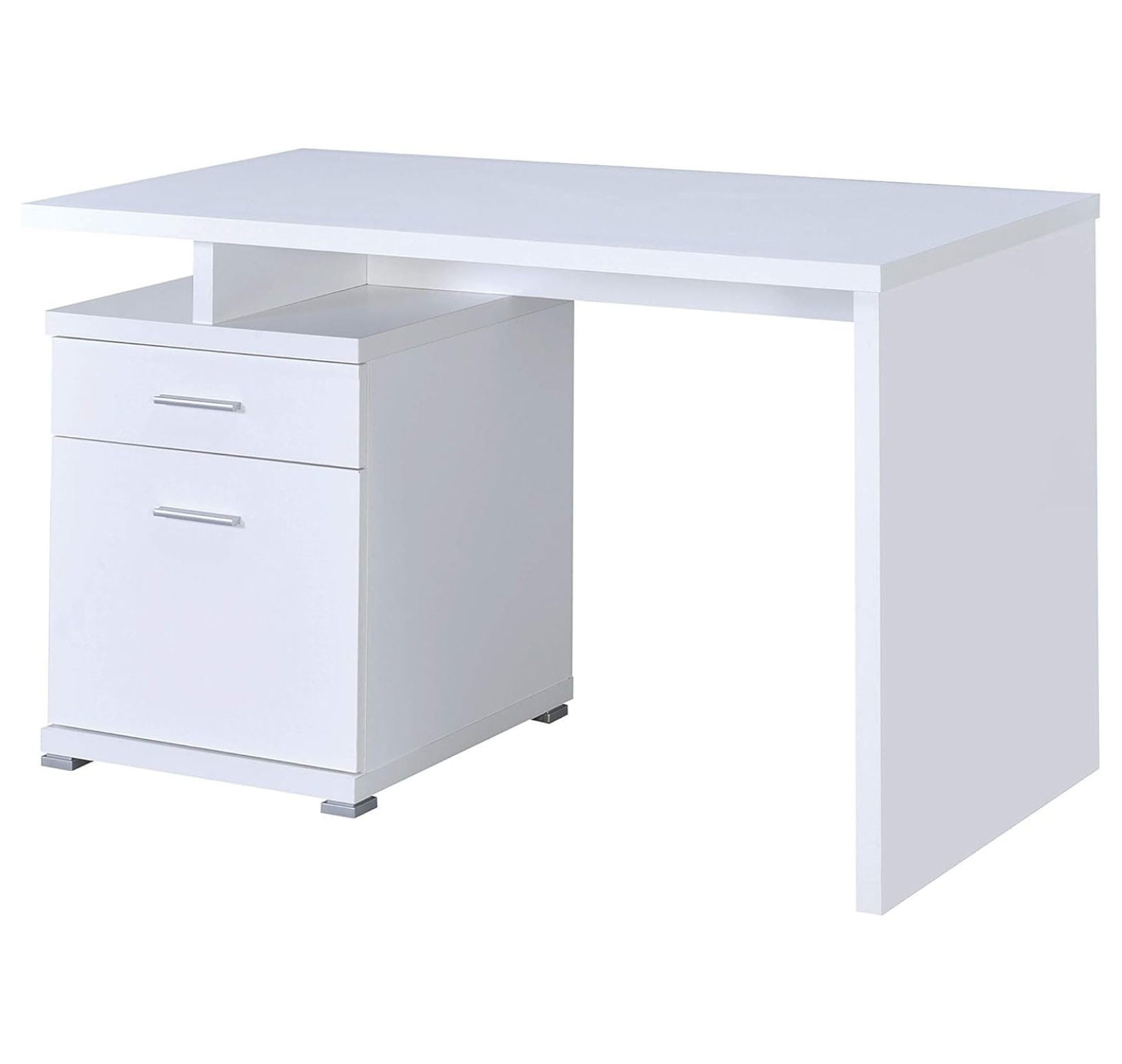 Transitional White Home Office Desk with Reversible Filing Cabinet