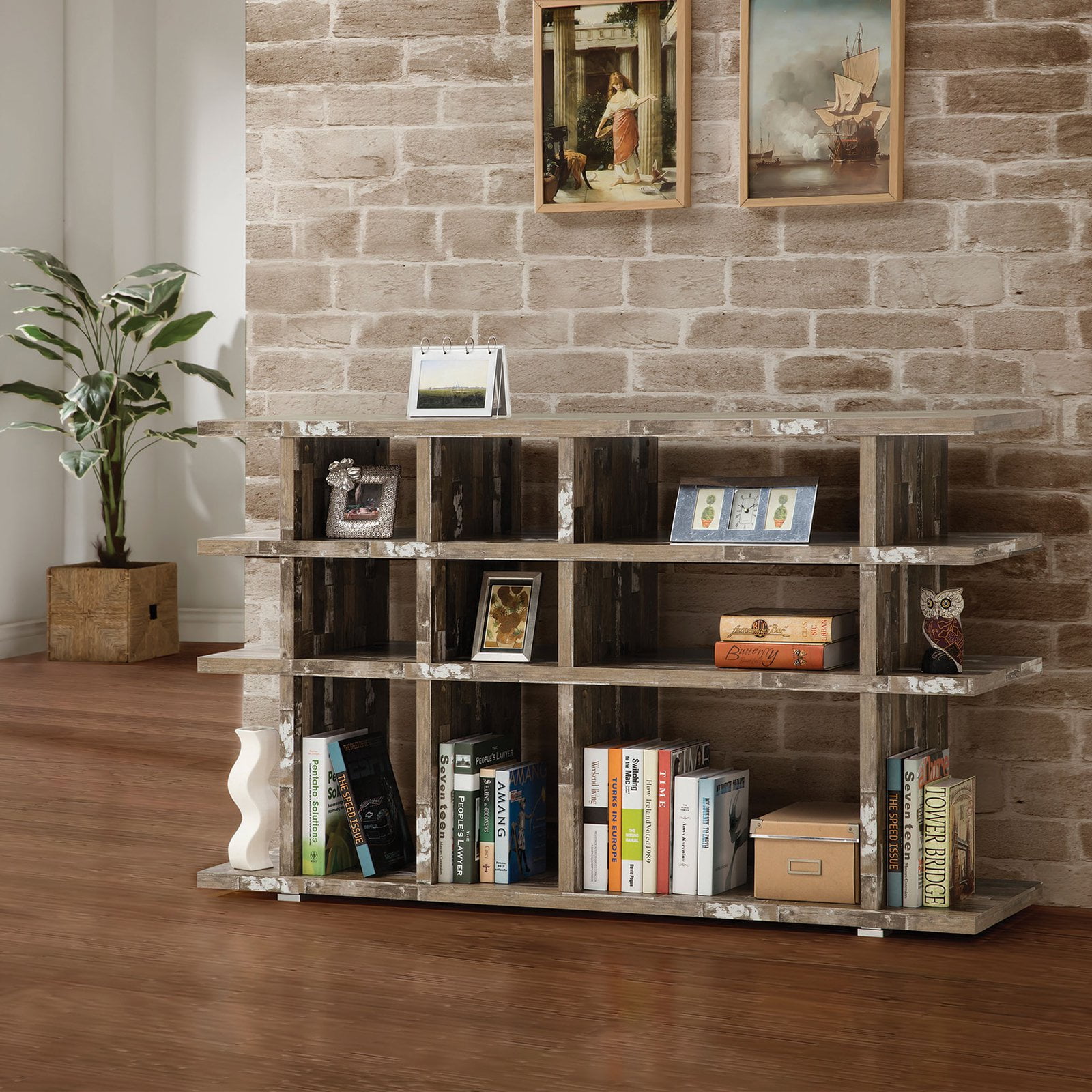 Transitional Salvaged Cabin Gray Modular Bookcase with Cubes