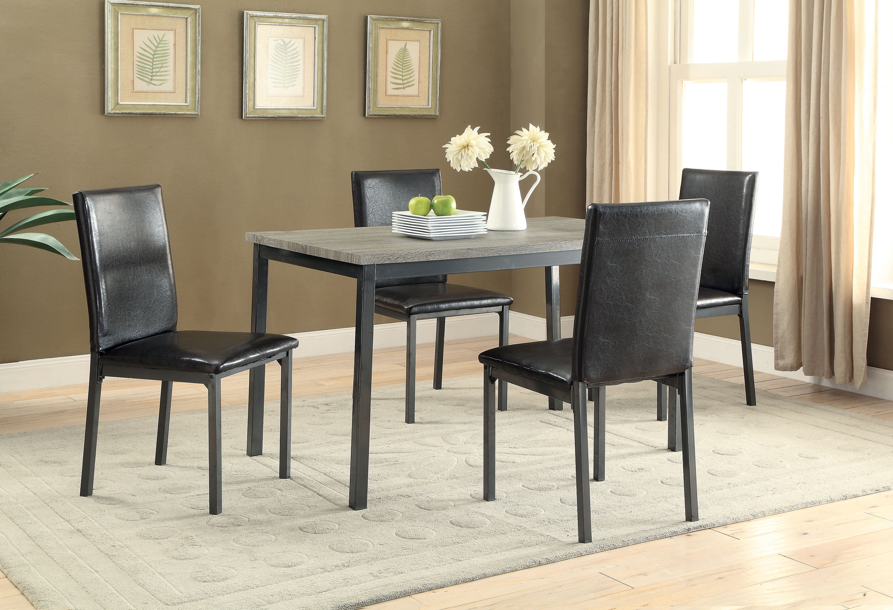 Sleek Black and Weathered Grey 5-Piece Dining Set with Faux Leather Chairs