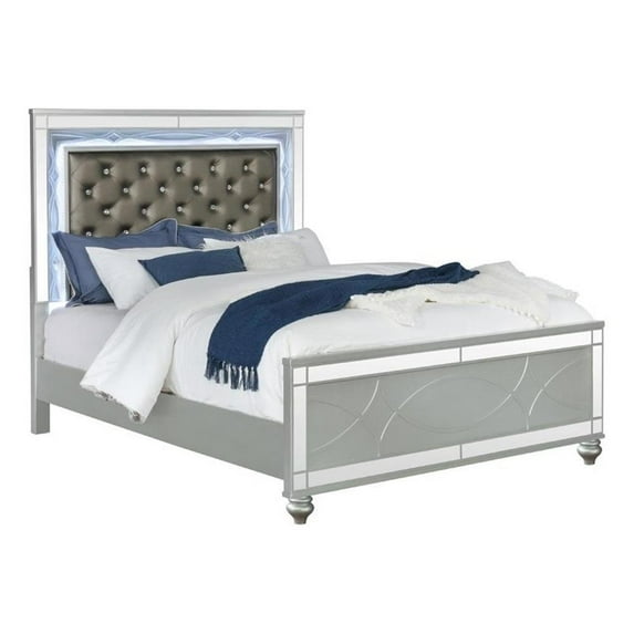 Gunnison Wood Queen LED Panel Bed Silver Metallic
