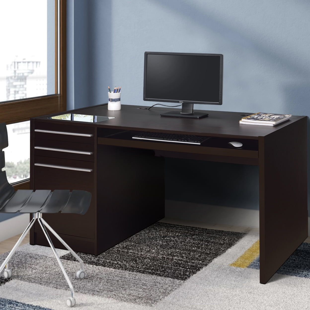 Contemporary Cappuccino Home Office Desk with Power Outlet and Storage