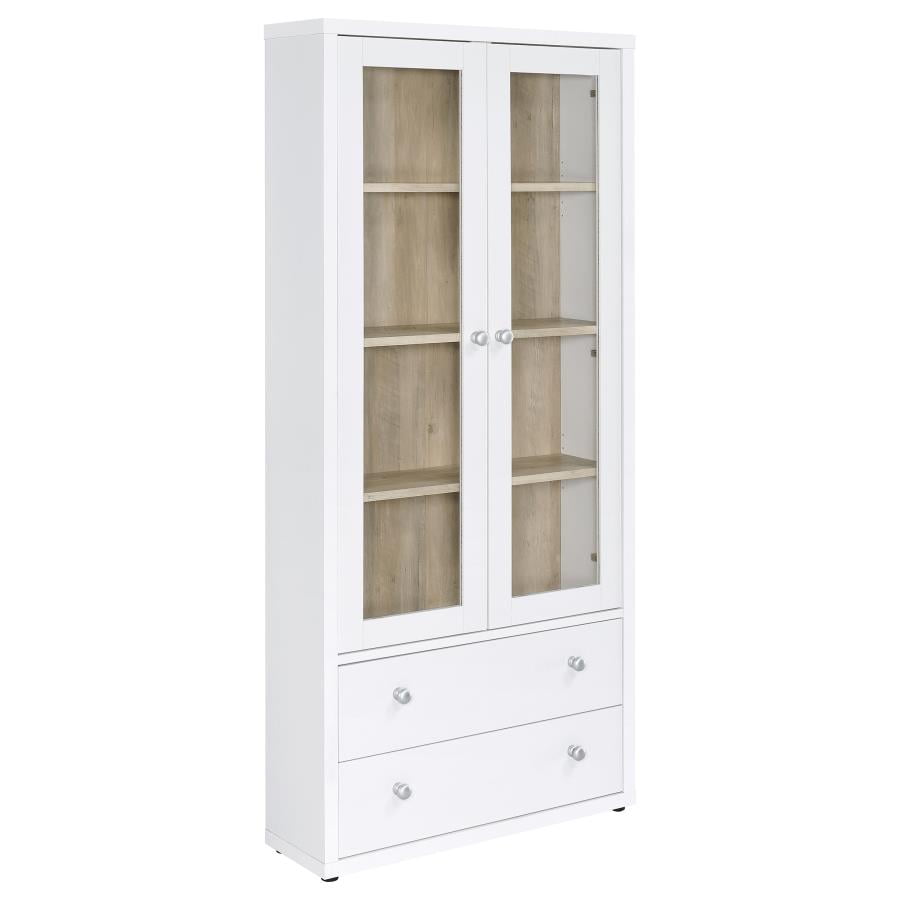 White and Light Brown Glass Door Curio Cabinet with Drawers