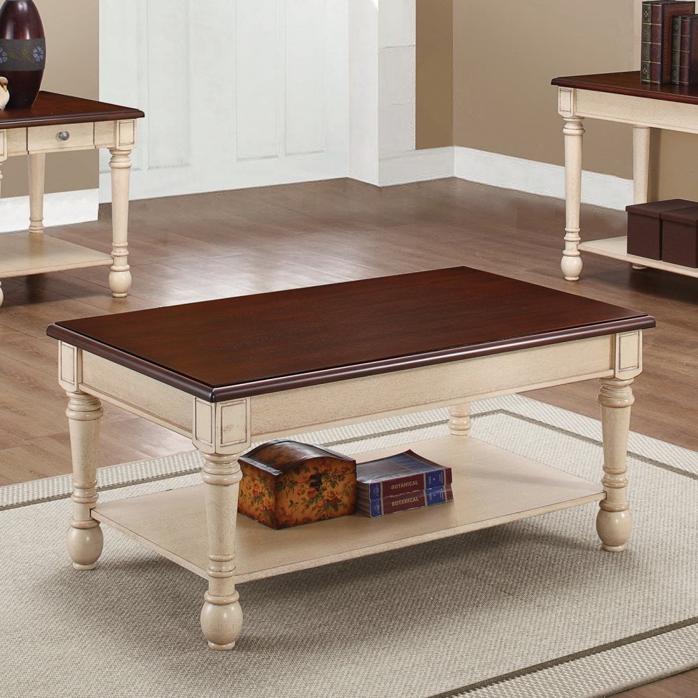 Transitional Dark Cherry & Antique White Rectangular Coffee Table with Storage
