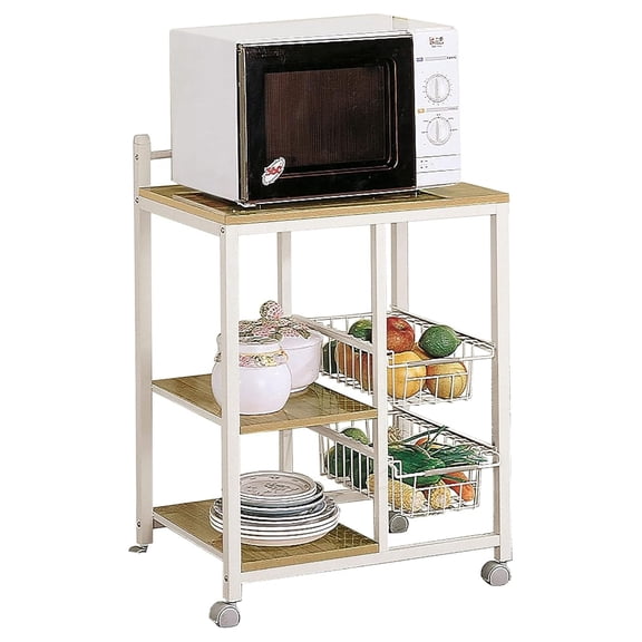 Coaster Home Furnishings - Kelvin - Wood & Metal - 2-Shelf Mobile Kitchen Cart - Contemporary Style, Butcher Block Top, Duplex-Type Storage, Wire Baskets - Dining Room - Natural Brown & White - 2506