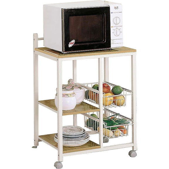 Coaster Home Furnishings - Kelvin - Wood & Metal - 2-Shelf Mobile Kitchen Cart - Contemporary Style, Butcher Block Top, Duplex-Type Storage, Wire Baskets - Dining Room - Natural Brown & White - 2506