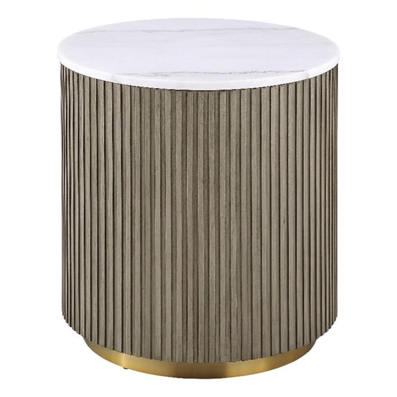 Coaster Jason Round White Marble Top Drum Base Side End Table in Greige