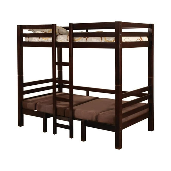Coaster Joaquin convertible loft bed, twin over twin. Medium brown finish with microfiber uphostered fabric in brown.
