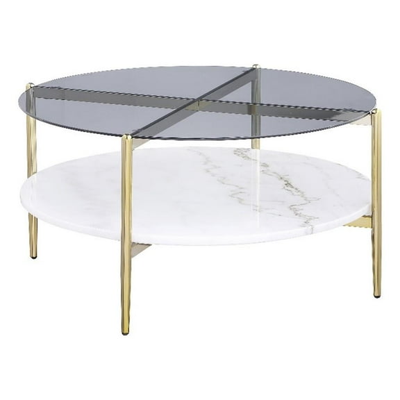 Jonelle Round Glass Top Coffee Table White Marble Shelf Gold