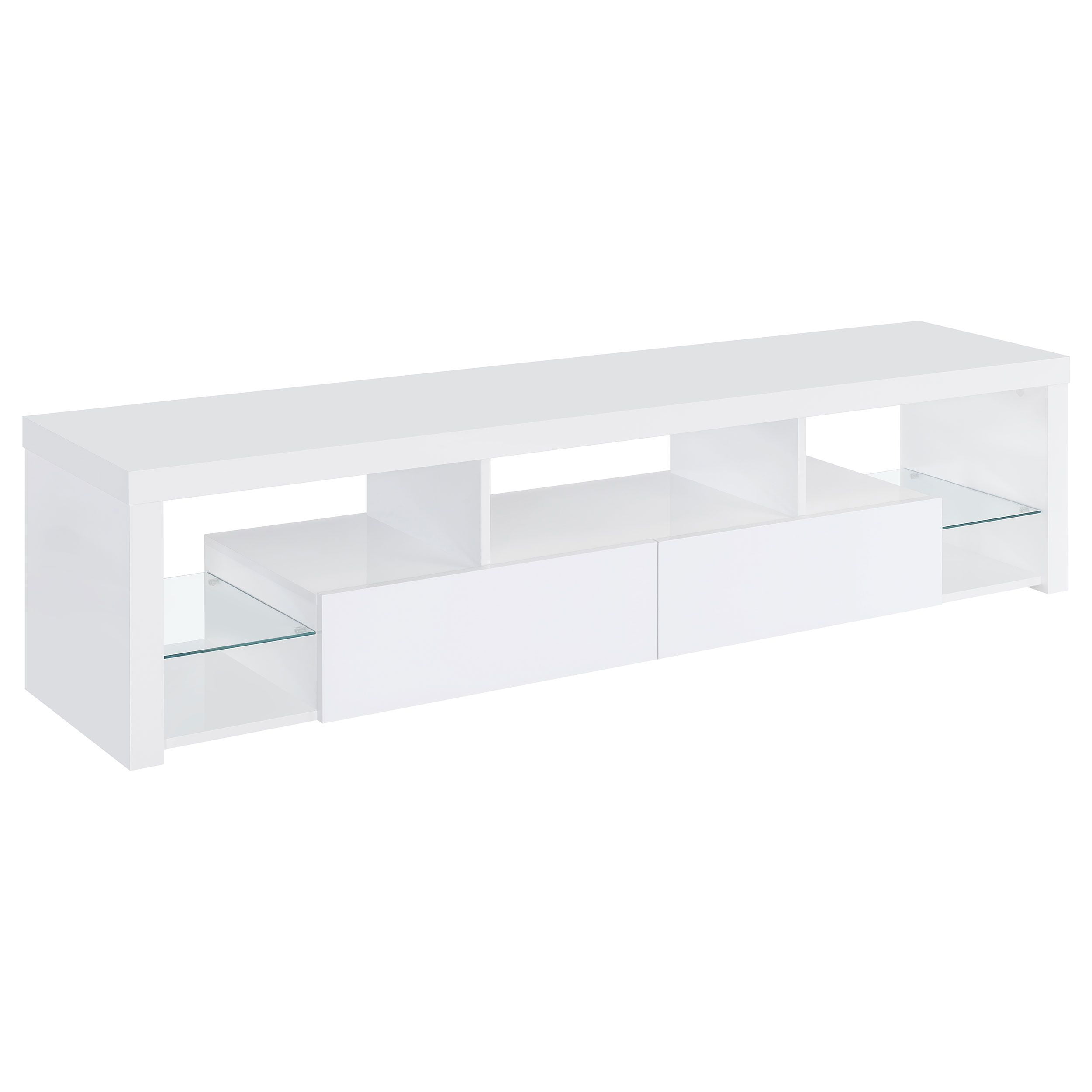 Jude White High Gloss TV Stand with Glass Shelves and Cabinet