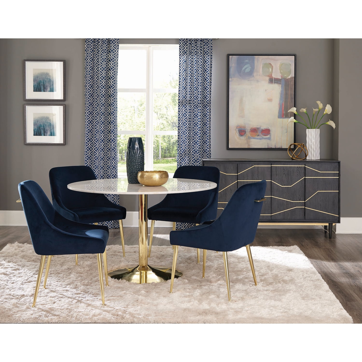 Kella 5-Piece Round White Marble Dining Set with Blue Velvet Chairs
