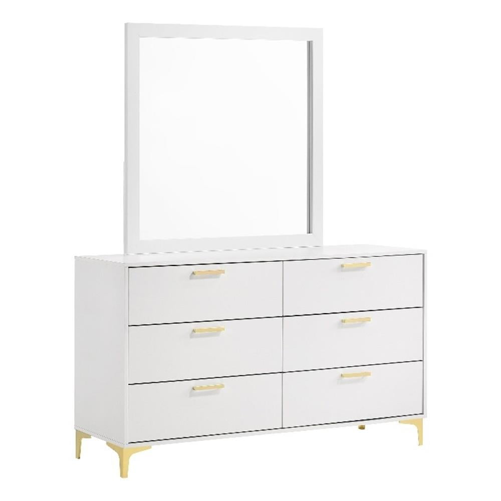 White 6-Drawer Dresser with Mirror and Gold Accents