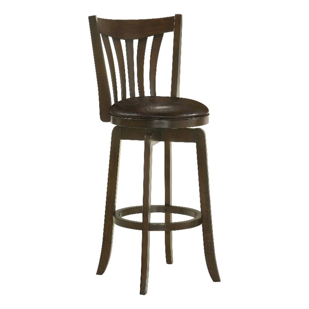 Dark Brown Wood Swivel Bar Stool with Faux Leather Seat