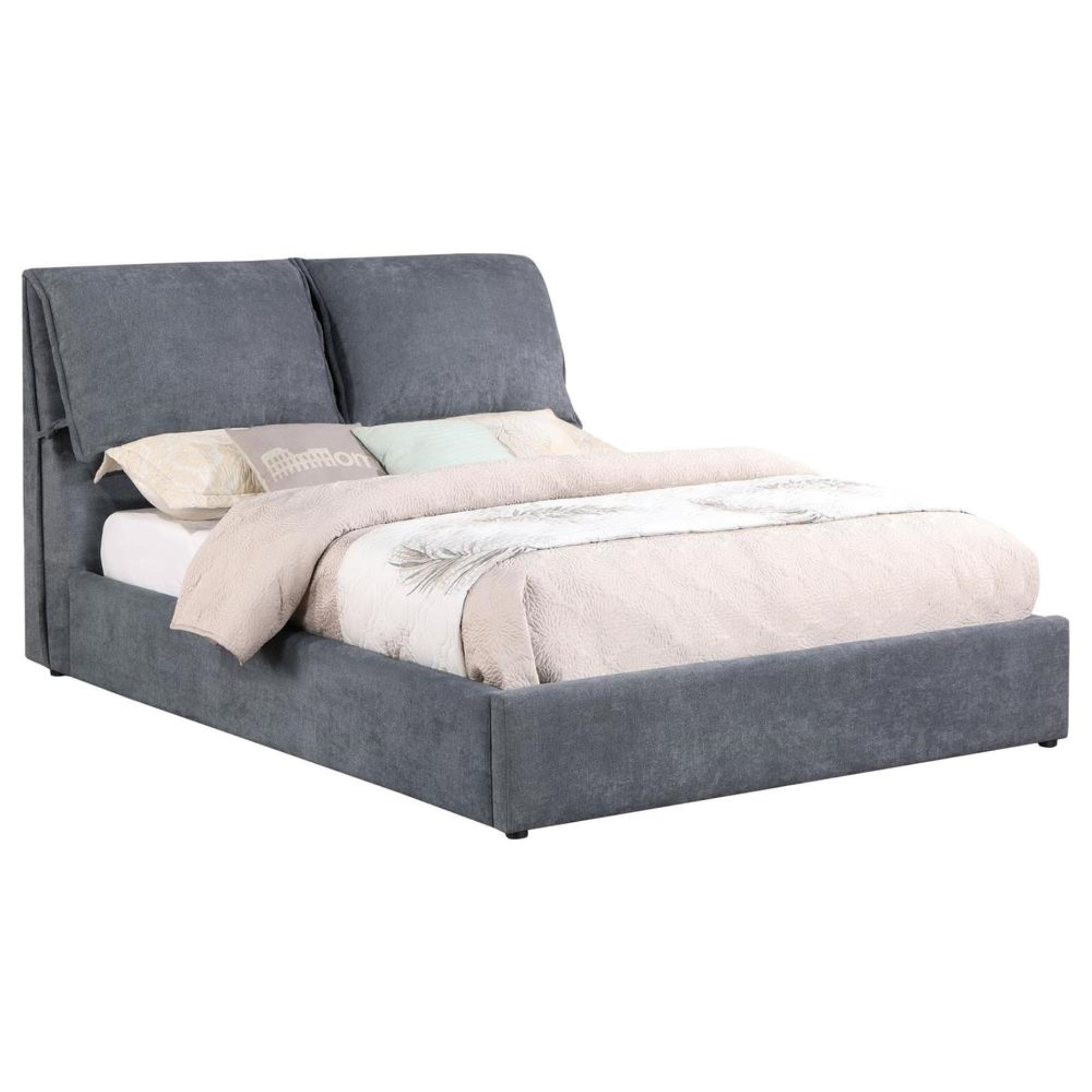 Gray Upholstered King Platform Bed with Pillow Headboard