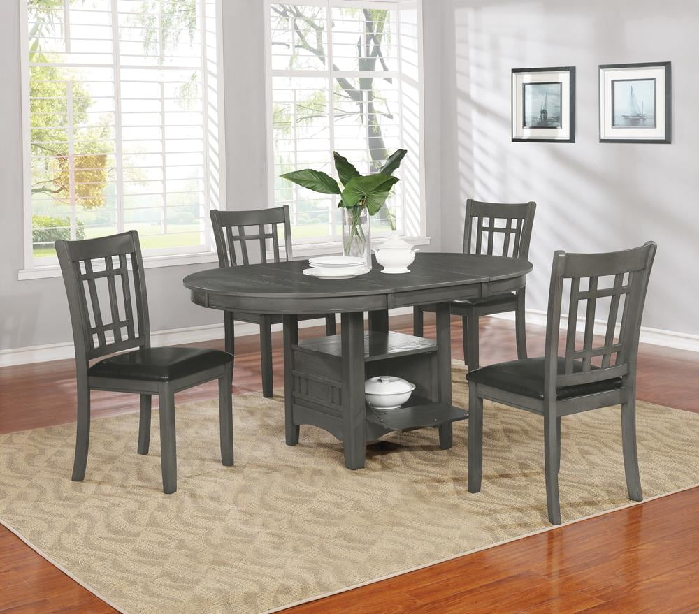 Lavon Medium Gray Oval Dining Set with Black Faux Leather Chairs