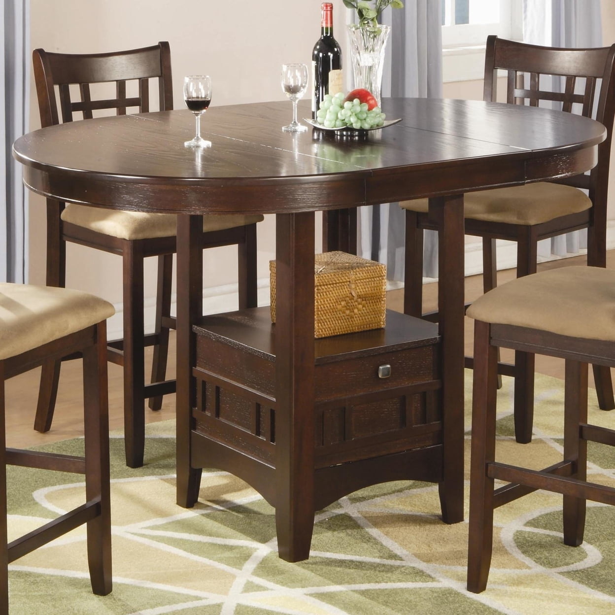 Casual Contemporary Round Extendable Wood Counter Height Dining Table in Warm Brown